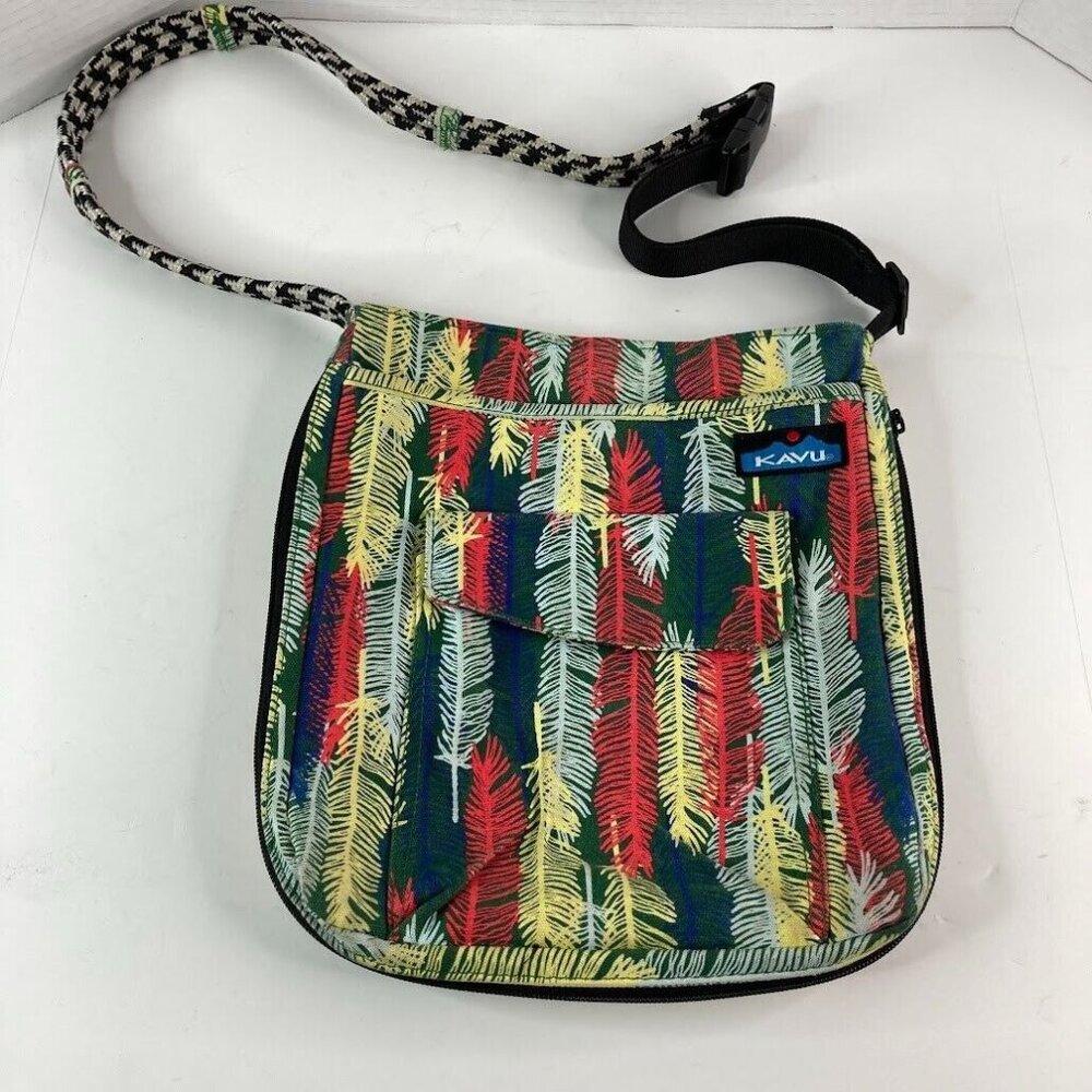 Kavu Zippit Crossbody Purse Shoulder Rope Purse Feather Adjustable‎ Green Yellow